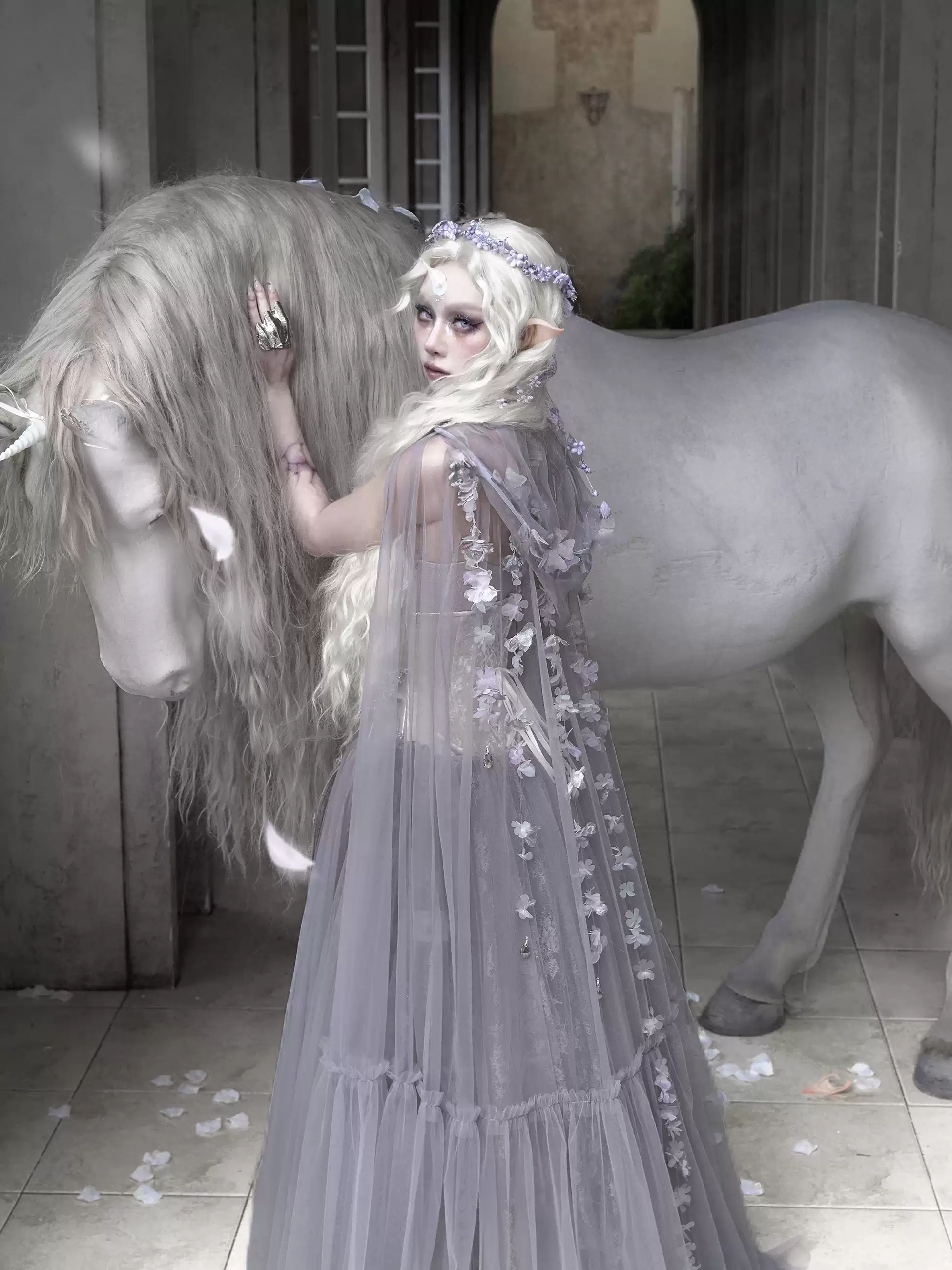 Moonlit Beast Spirit — Handmade Floral Fairy Sheer Tulle Hooded Cape